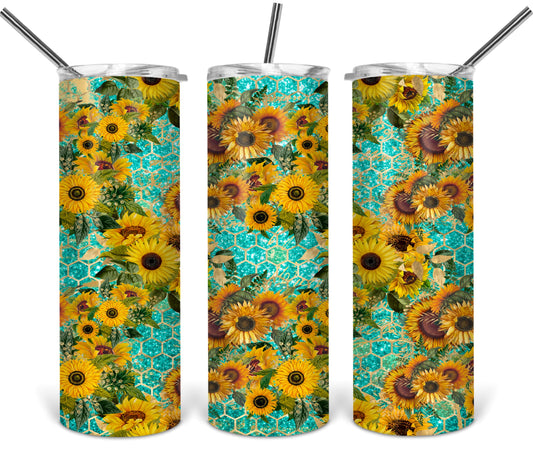 Sunflowers Teal Glitter Beehive  - 20 oz or 30oz Skinny Tumblers w/ Lid and Metal Straw
