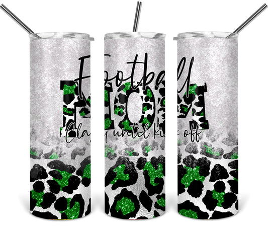 Football Mom Green and Silver Leopard School  - 20 oz or 30oz Skinny Tumblers w/ Lid and Metal Straw