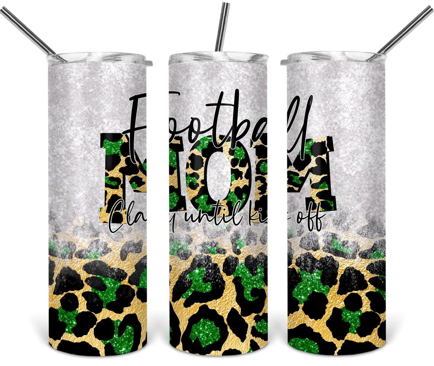 Football Mom Green and Gold Leopard School  - 20 oz or 30oz Skinny Tumblers w/ Lid and Metal Straw