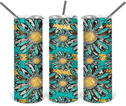 Teal and Yellow Daisies - 20 oz or 30oz Skinny Tumblers w/ Lid and Metal Straw