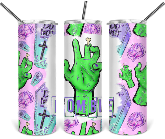 Halloween Coffin Frankenstien Hand Pink - 20 oz or 30oz Skinny Tumblers w/ Lid and Metal Straw
