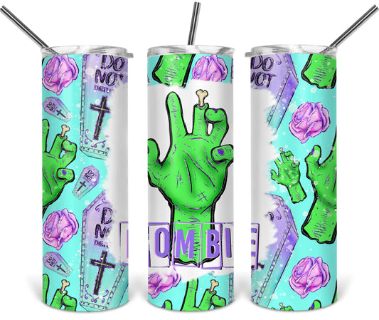 Halloween Coffin Frankenstien Hand Blue - 20 oz or 30oz Skinny Tumblers w/ Lid and Metal Straw