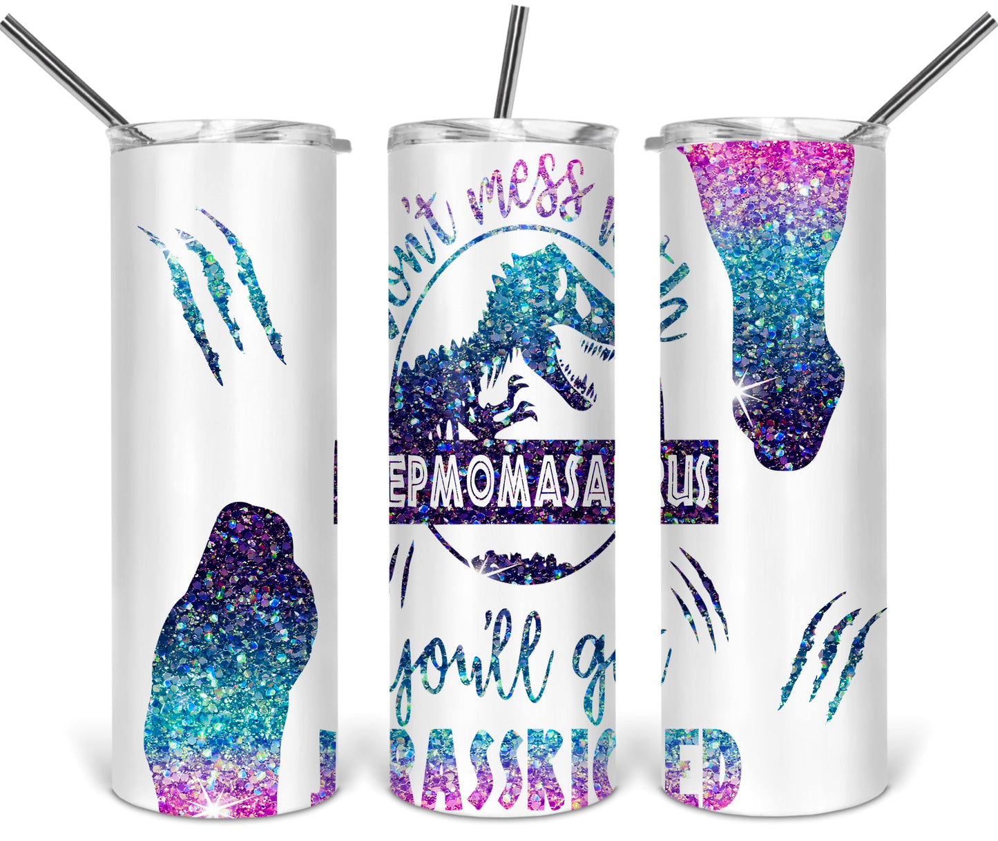 Stepmomasaures Family Mom - 20 oz or 30oz Skinny Tumblers w/ Lid and Metal Straw