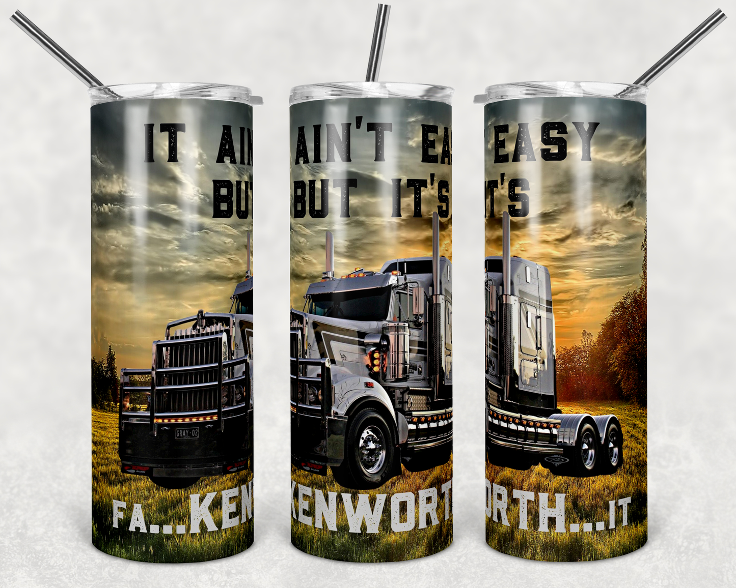 Semi Truck Kenworth - 20 or 30oz Skinny Tumblers w/ Lid and Metal Straw