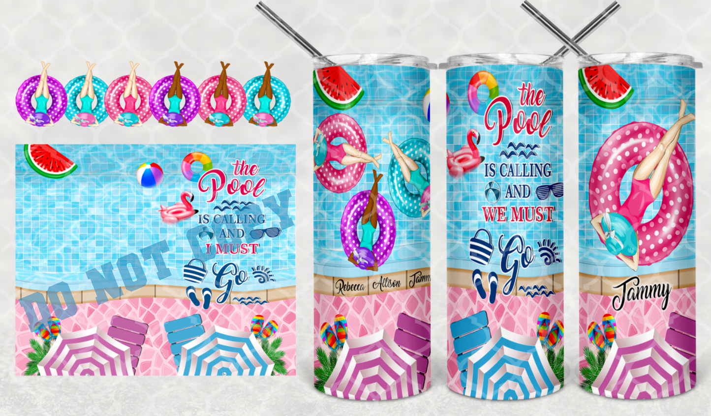 Pool Fun - 20oz or 30oz Skinny Tumblers w/ Lid and Metal Straw