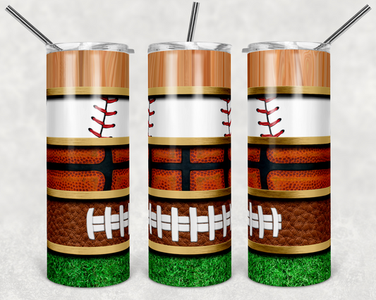 Basketball, Football and Baseball Sports - 20 oz or 30oz Skinny Tumblers w/ Lid and Metal Straw