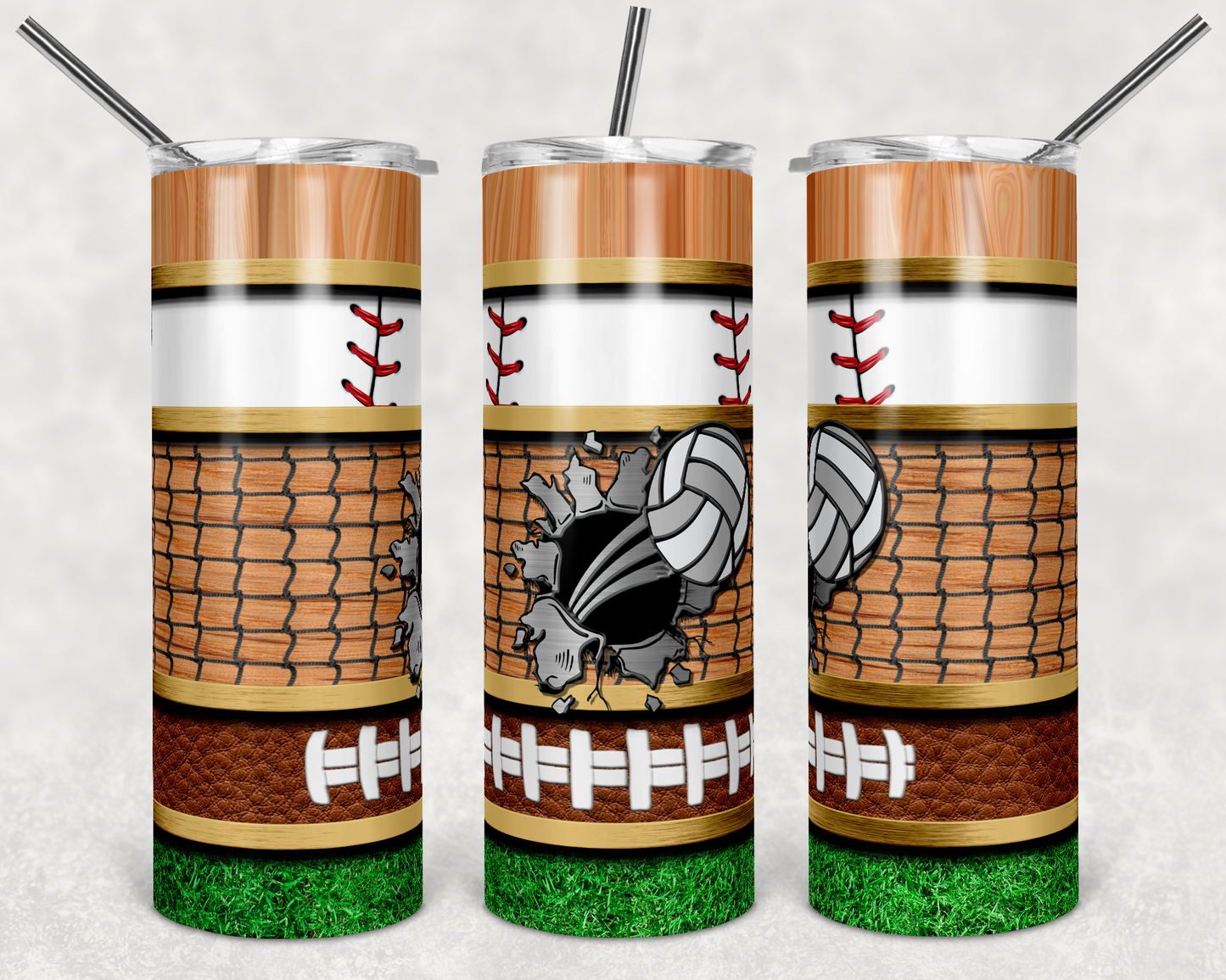Volleyball, Baseball and Football Sports - 20 oz or 30oz Skinny Tumblers w/ Lid and Metal Straw