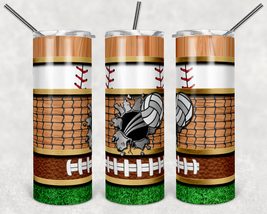 Volleyball, Baseball and Football Sports - 20 oz or 30oz Skinny Tumblers w/ Lid and Metal Straw