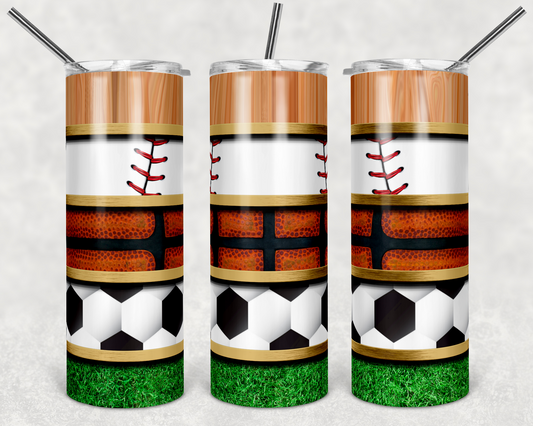 Baseball, Basketball and Soccer Sports - 20 oz or 30oz Skinny Tumblers w/ Lid and Metal Straw