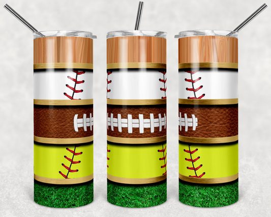 Baseball, Football and Softball Sports - 20 oz or 30oz Skinny Tumblers w/ Lid and Metal Straw