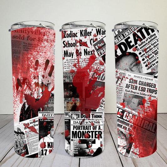 Newspaper Horror with Blood -  20oz or 30oz Skinny Tumblers w/ Lid and Metal Straw