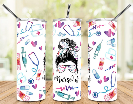 NurseLife - 20 oz or 30oz Skinny Tumblers w/ Lid and Metal Straw
