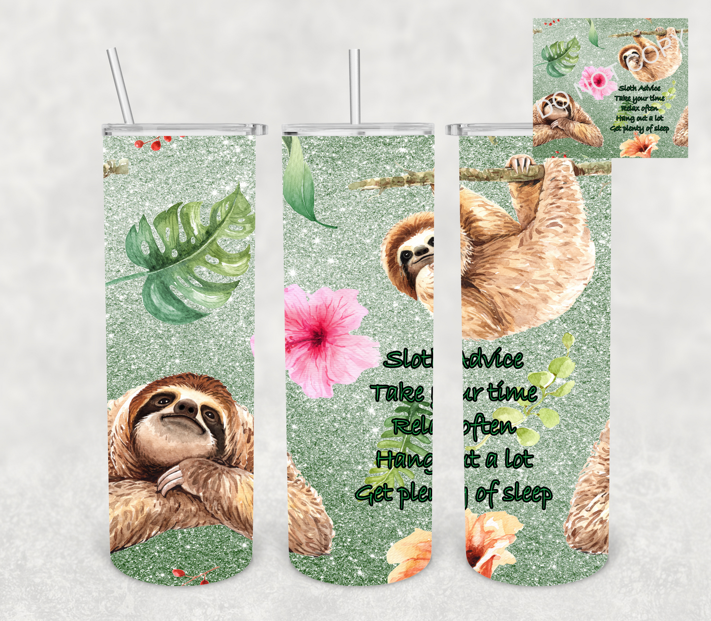 Green Sloth-20 oz or 30oz Skinny Tumblers w/ Lid and Metal Straw