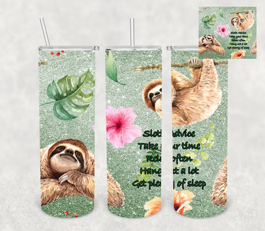Green Sloth-20 oz or 30oz Skinny Tumblers w/ Lid and Metal Straw