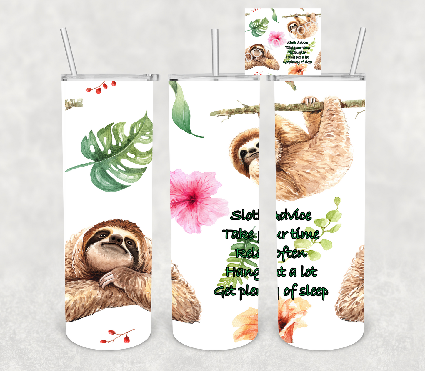 Sloth-20 oz or 30oz Skinny Tumblers w/ Lid and Metal Straw