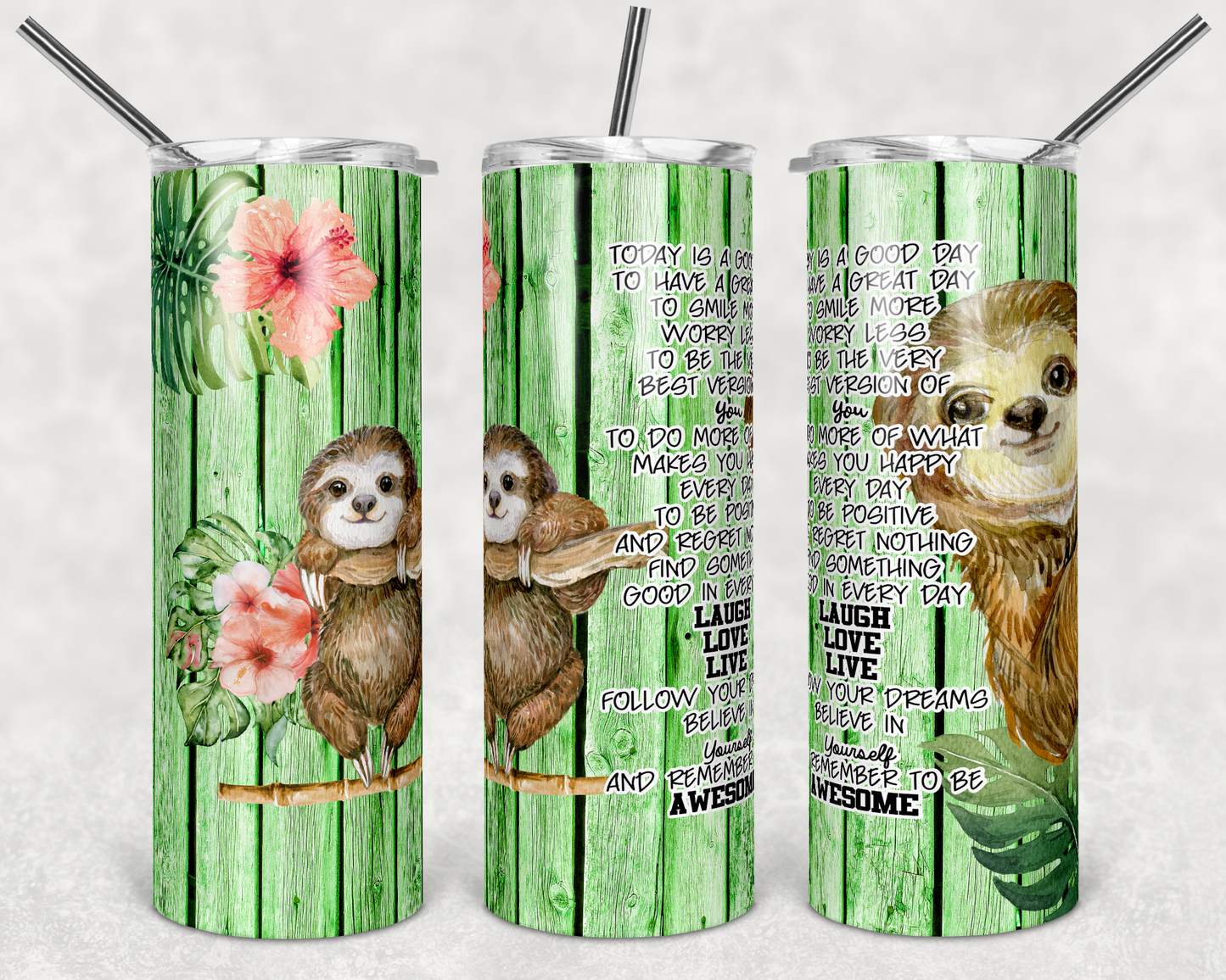 Sloth-20 oz or 30oz Skinny Tumblers w/ Lid and Metal Straw