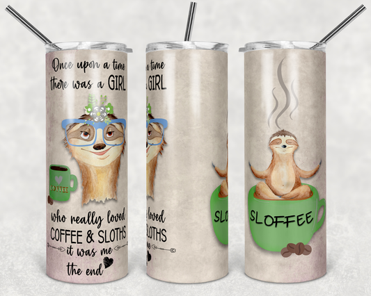 Sloth and Coffee - 20 oz or 30oz Skinny Tumblers w/ Lid and Metal Straw