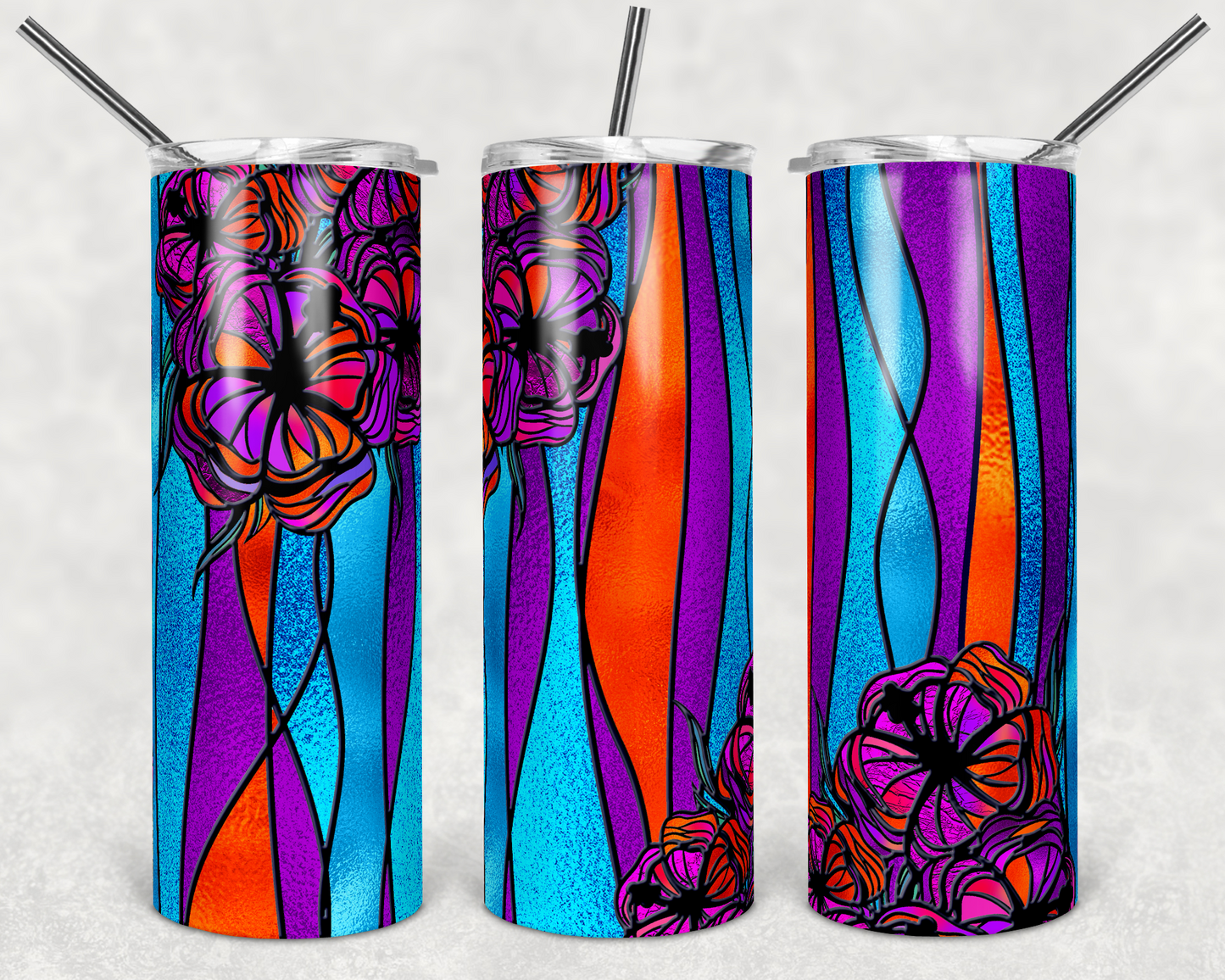 Stain Glass Tropical Flowers - 20oz or 30oz Skinny Tumblers w/ Lid and Metal Straw
