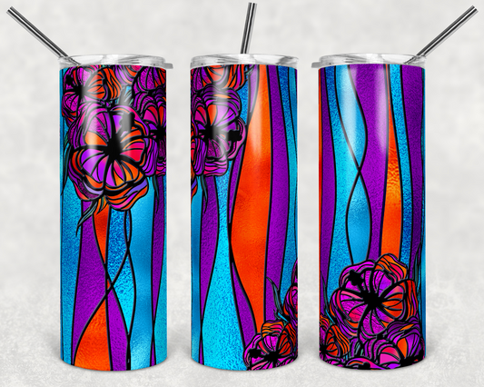Stain Glass Tropical Flowers - 20oz or 30oz Skinny Tumblers w/ Lid and Metal Straw