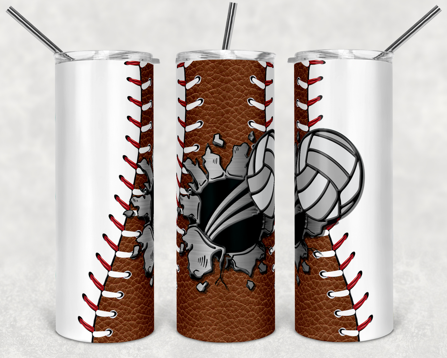 Baseball, Football and Volleyball Sports - 20 oz or 30oz Skinny Tumblers w/ Lid and Metal Straw