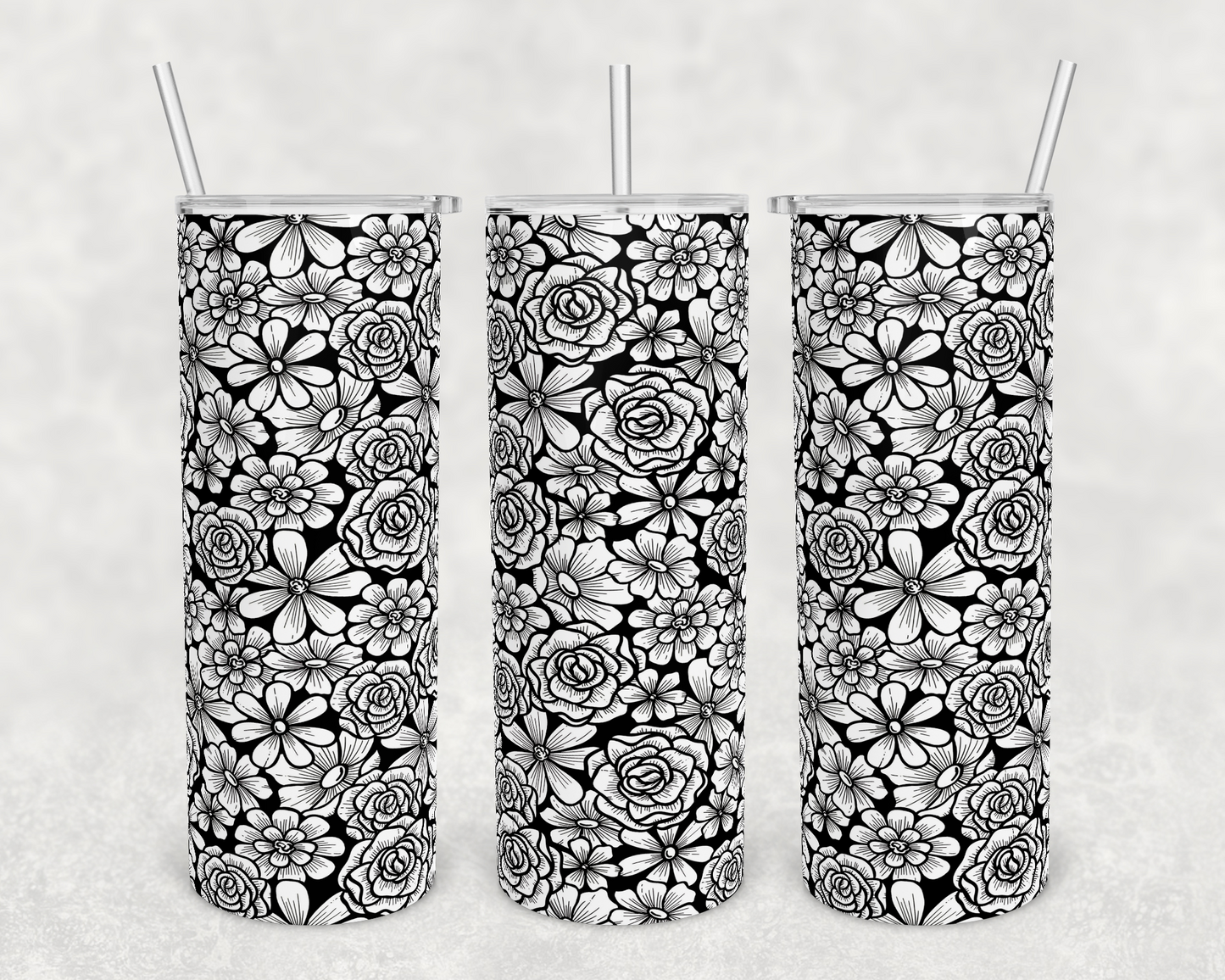 Black and White Flowers - 20oz or 30oz Skinny Tumblers w/ Lid and Metal Straw