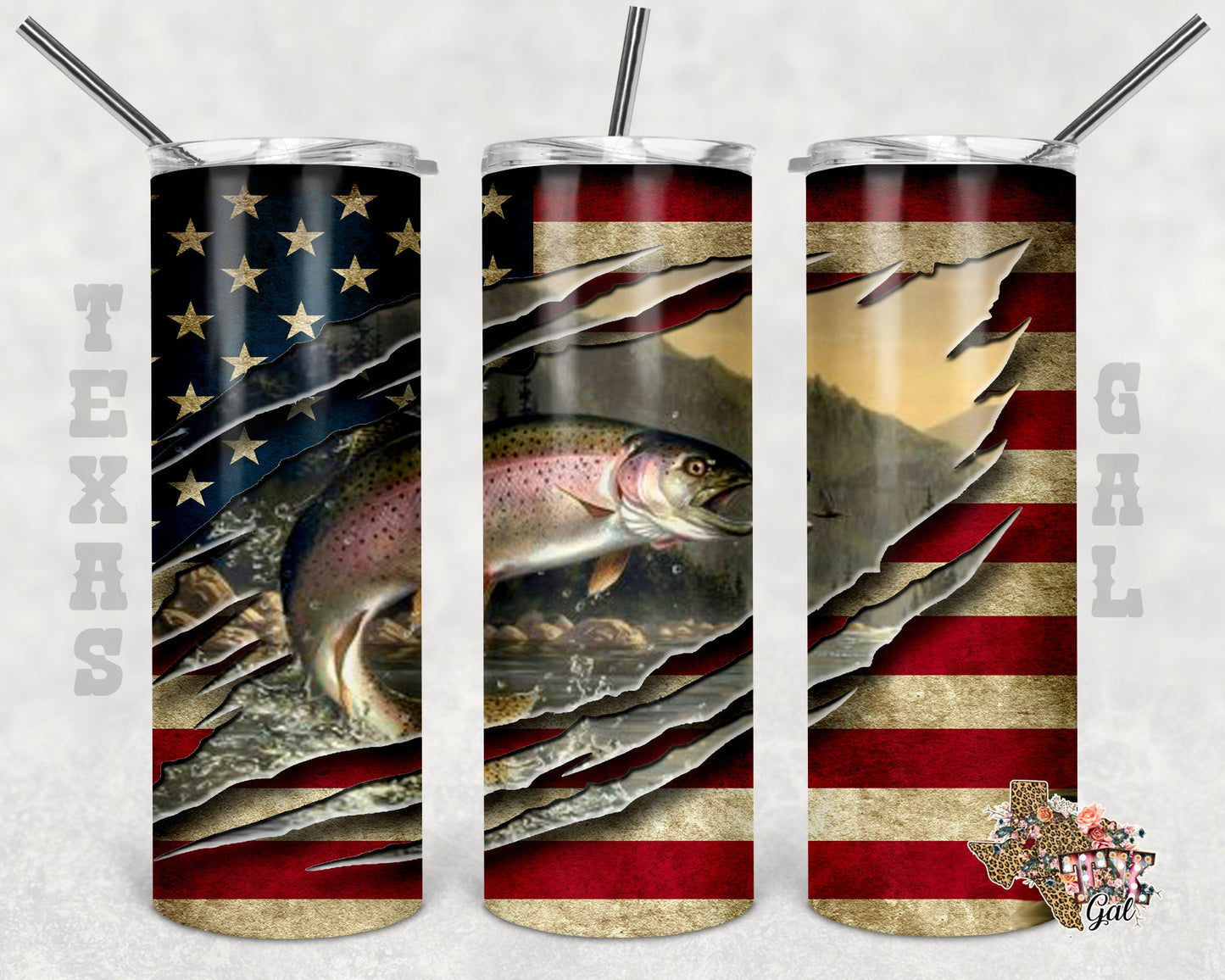 Fishing American Flag - 20 oz or 30oz Skinny Tumblers w/ Lid and Metal Straw