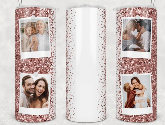 Pink Glitter with Photos- 20oz or 30oz Skinny Tumblers w/ Lid and Metal Straw