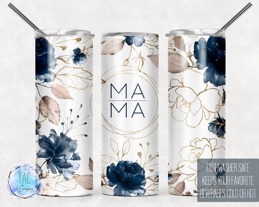 Mama Floral Travel Tumbler,Blue and Gold Flowers witth Mom, Mothers Day, 20 oz Tumbler