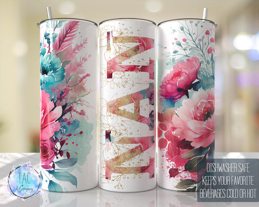 Nan Aqua Blue Floral Seamless Floral Tumbler Seamless Gift for her, Mothers Day Travel Tumbler- Skinny 20oz Tumbler