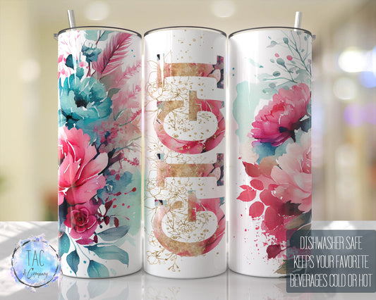 Gigi Aqua Blue Floral Seamless Floral Tumbler Seamless Gift for her, Mothers Day Travel Tumbler- Skinny 20oz Tumbler