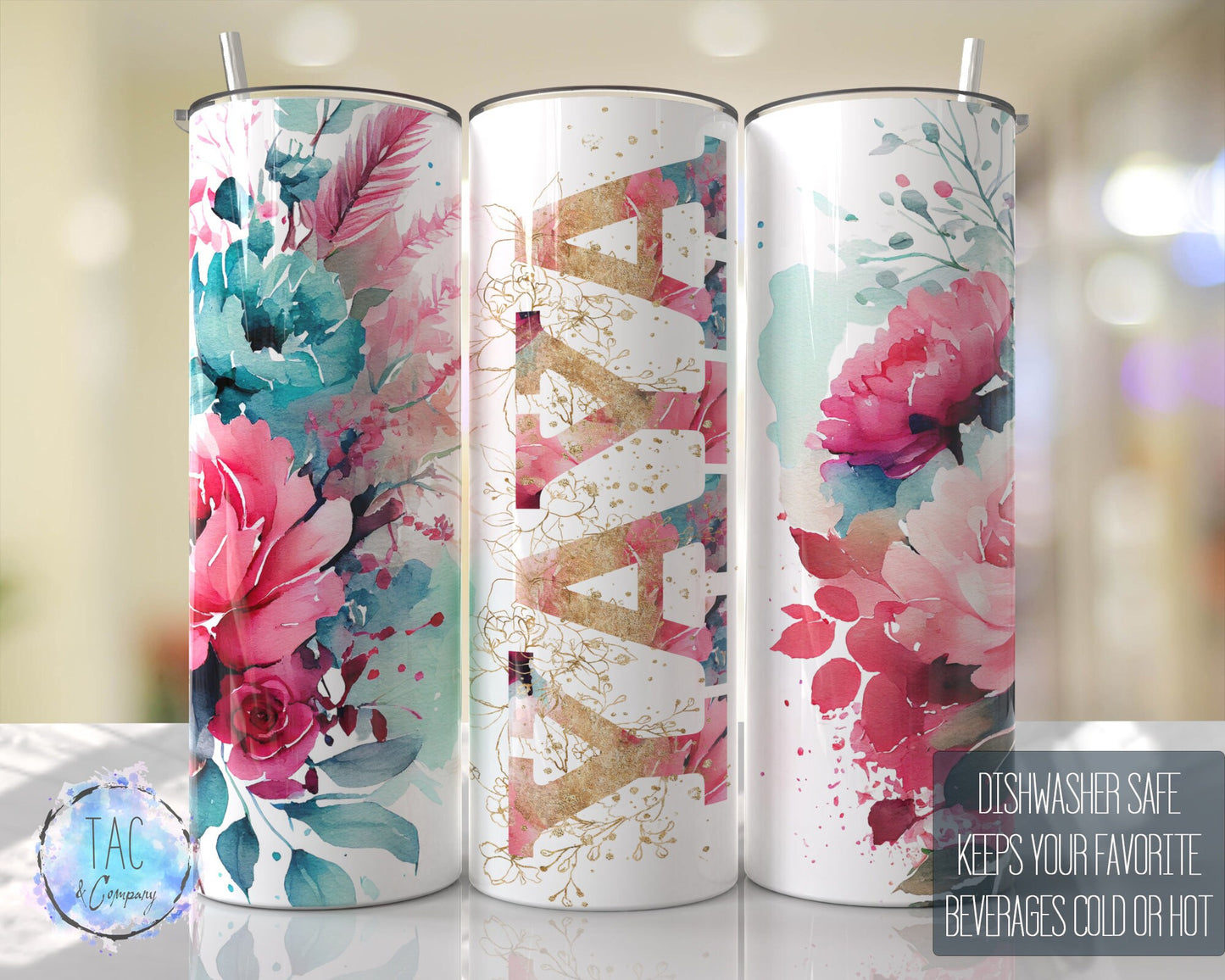 YAYA Aqua Blue Floral Seamless Floral Tumbler Seamless Gift for her, Mothers Day Travel Tumbler- Skinny 20oz Tumbler