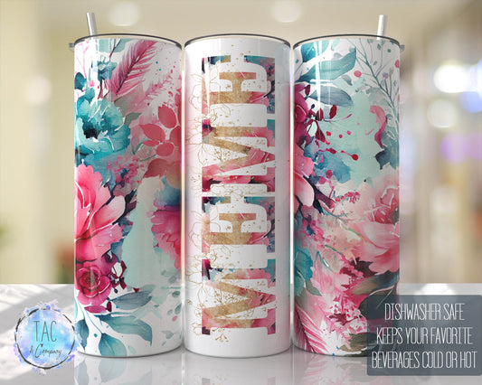 MEME Aqua Blue Floral Seamless Floral Tumbler Seamless Gift for her, Mothers Day Travel Tumbler- Skinny 20oz Tumbler