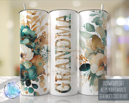 GRANDMA Tumbler Emerald Green Gold Floral  Seamless Gift for her, Mothers Day Travel Tumbler- Skinny 20oz Tumbler