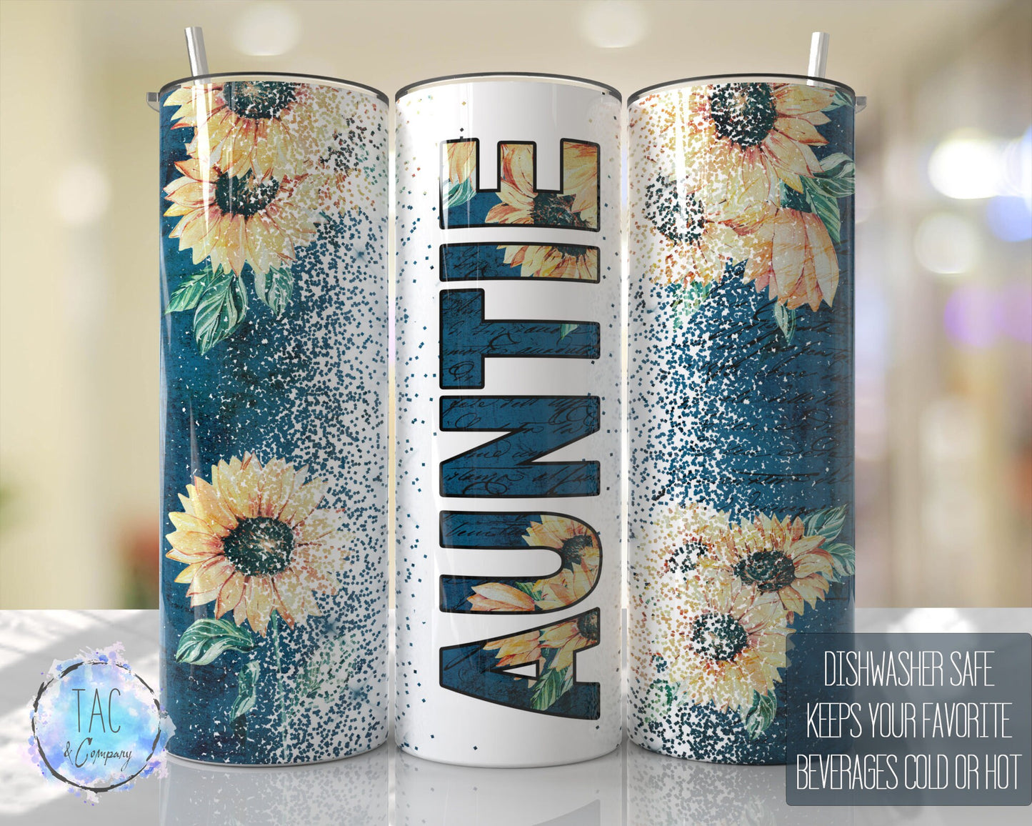 Auntie Tumbler Teal with Sunflowers Seamless Gift for her, Mothers Day Travel Tumbler- Skinny 20oz Tumbler