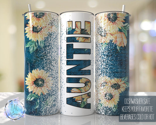 Auntie Tumbler Teal with Sunflowers Seamless Gift for her, Mothers Day Travel Tumbler- Skinny 20oz Tumbler