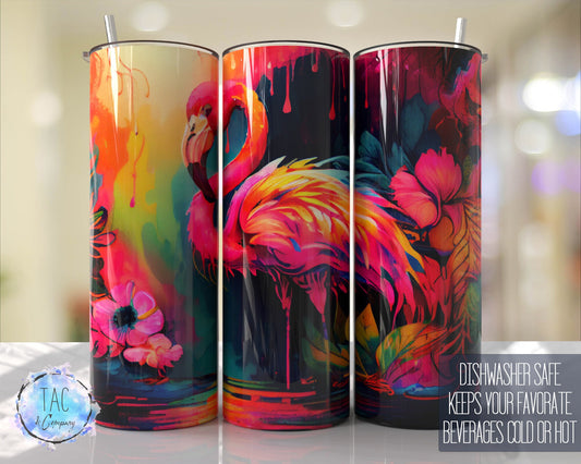 Bright Flamingo with Flowers Watercolor Tumbler