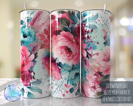 Aqua Blue and Pinks Full Floral Seamless Floral Tumbler Seamless Gift for her, Mothers Day Travel Tumbler