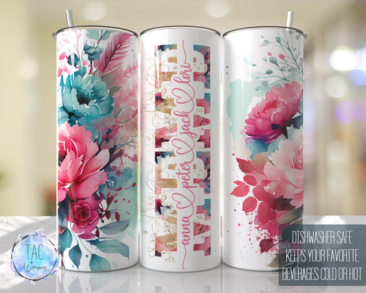 MEME Split For Children Names, Aqua Blue and Pinks Seamless Floral Tumbler Seamless Gift for her, Travel Tumbler