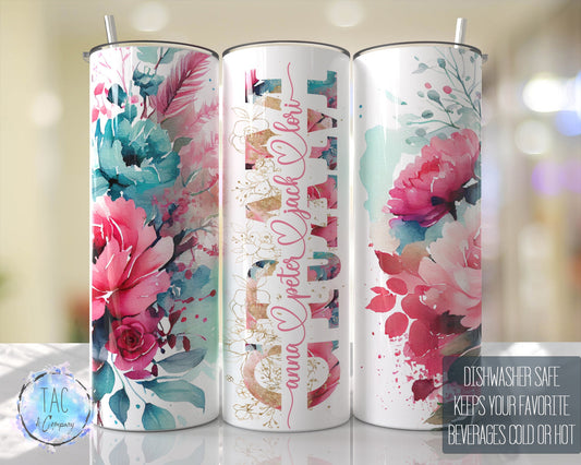 GRAM Split For Children Names, Aqua Blue and Pinks Seamless Floral Tumbler Seamless Gift for her, Travel Tumbler