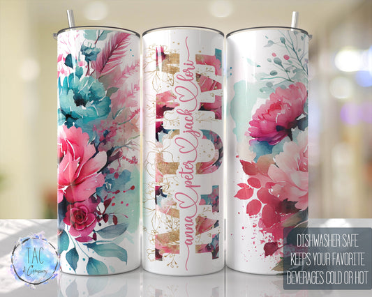 MUM Split For Children Names, Aqua Blue and Pinks Seamless Floral Tumbler Seamless Gift for her, Travel Tumbler