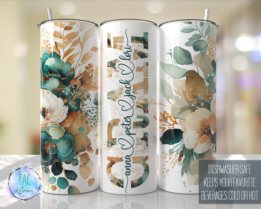 GRAM Split For Children Names, Emerald Green Gold Floral Seamless Floral Tumbler Gift for her, Travel Tumbler