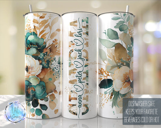 GRANDMA Split For Children Names, Emerald Green Gold Floral Seamless Floral Tumbler Gift for her, Travel Tumbler