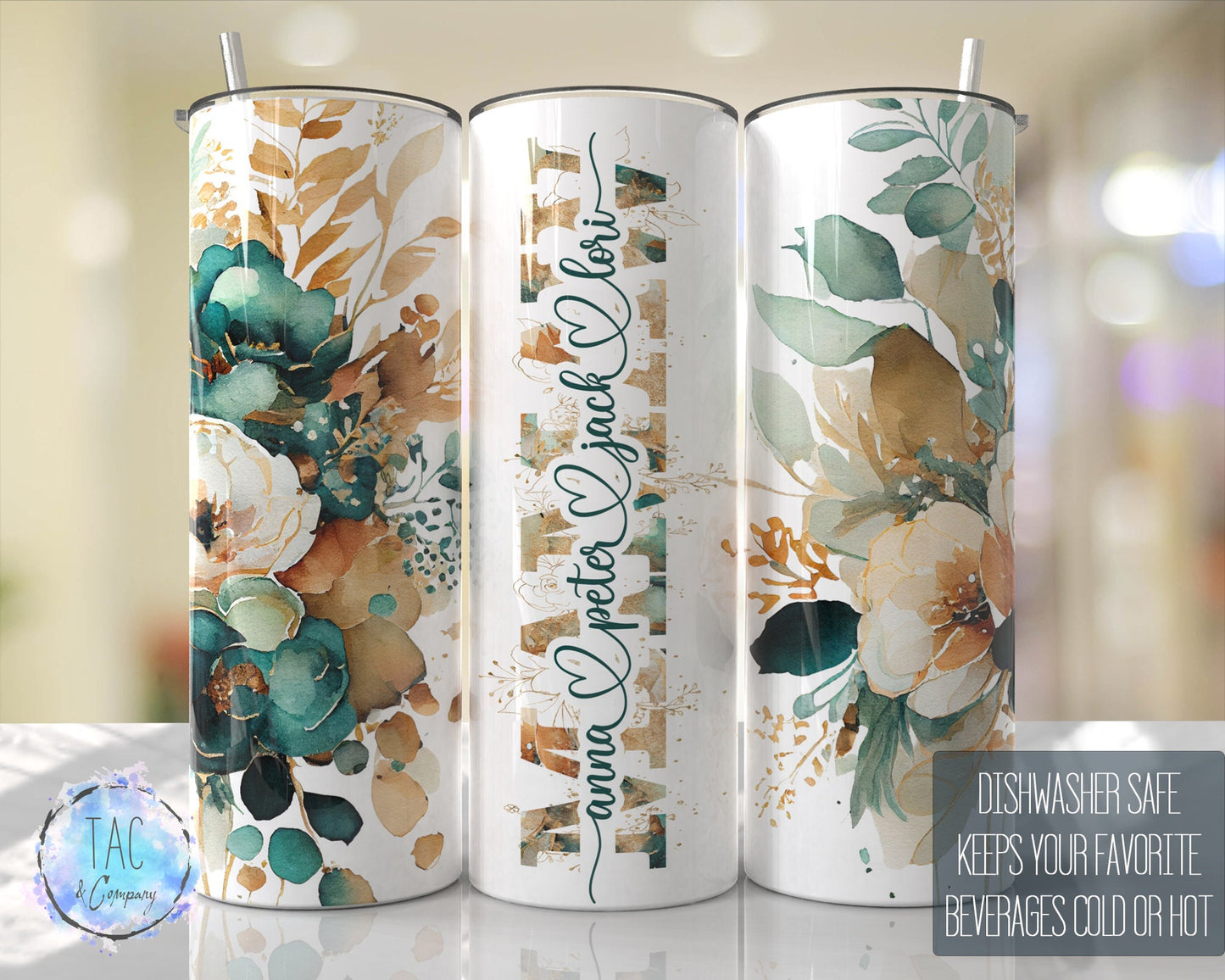 MAMAW Split For Children Names, Emerald Green Gold Floral Seamless Floral Tumbler Gift for her, Travel Tumbler