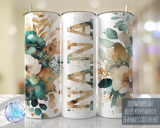 NANA Tumbler Emerald Green Gold Floral  Seamless Gift for her, Mothers Day Travel Tumbler- Skinny 20oz Tumbler