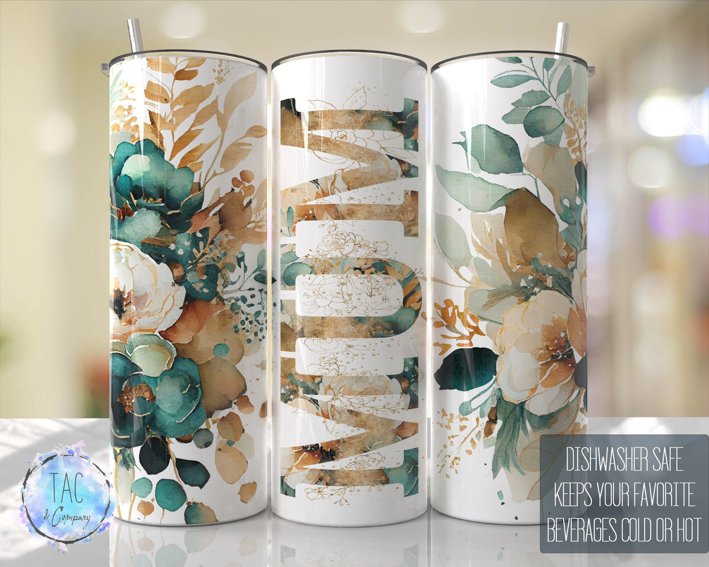 MUM Tumbler Emerald Green Gold Floral  Seamless Gift for her, Mothers Day Travel Tumbler- Skinny 20oz Tumbler