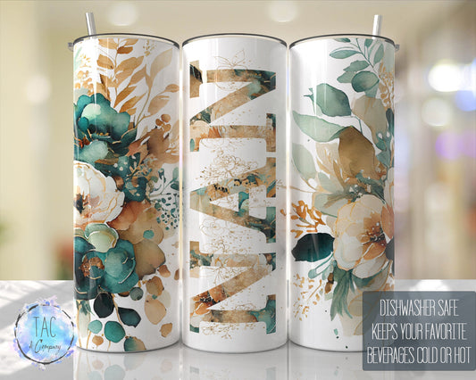 NAN Tumbler Emerald Green Gold Floral  Seamless Gift for her, Mothers Day Travel Tumbler- Skinny 20oz Tumbler