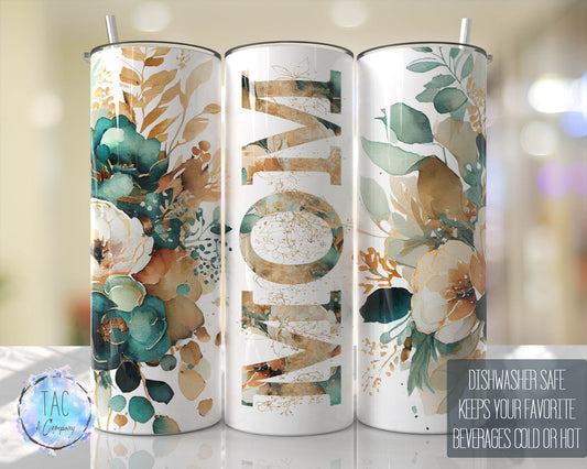MOM Tumbler Emerald Green Gold Floral  Seamless Gift for her, Mothers Day Travel Tumbler- Skinny 20oz Tumbler