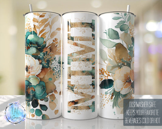 MIMI Tumbler Emerald Green Gold Floral  Seamless Gift for her, Mothers Day Travel Tumbler- Skinny 20oz Tumbler