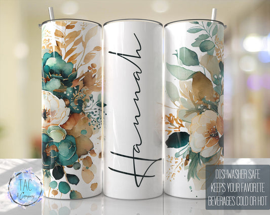 Custom Name Tumbler Emerald Green Gold Floral  Seamless Gift for her, Mothers Day Travel Tumbler- Skinny 20oz Tumbler