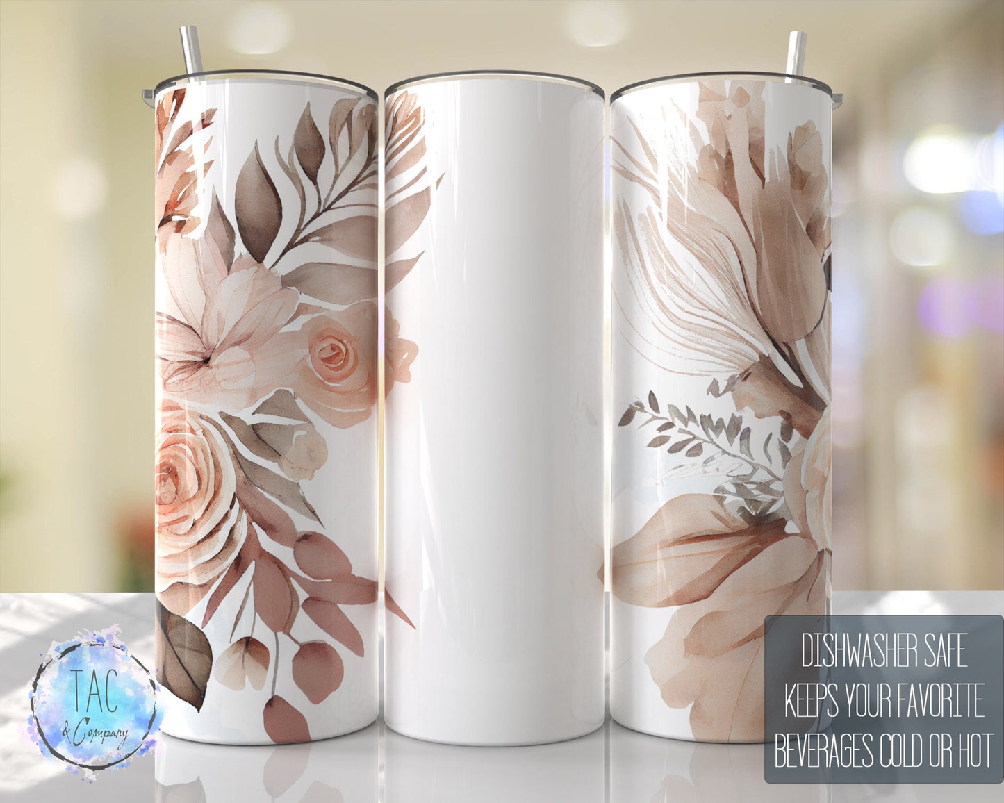 Custom Name Tumbler Boho Beige and Pink Floral  Seamless Gift for her, Mothers Day Travel Tumbler- Skinny 20oz Tumbler